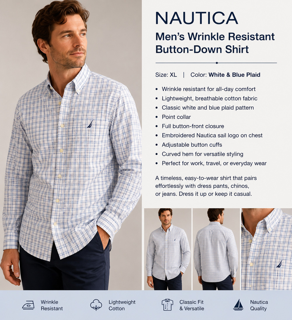 Nautica Wrinkle Resistant Men's Button-Down Shirt – XL – White & Blue Plaid